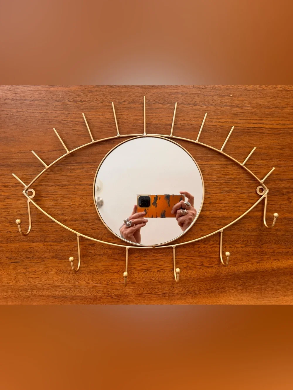 Hollywood Regency Gold Sunburst Eye Round Wall Mirror with Hooks - Wall Decor
